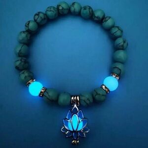 Turquoise Blue and White Beaded with Lotus Pendant glows in the dark
